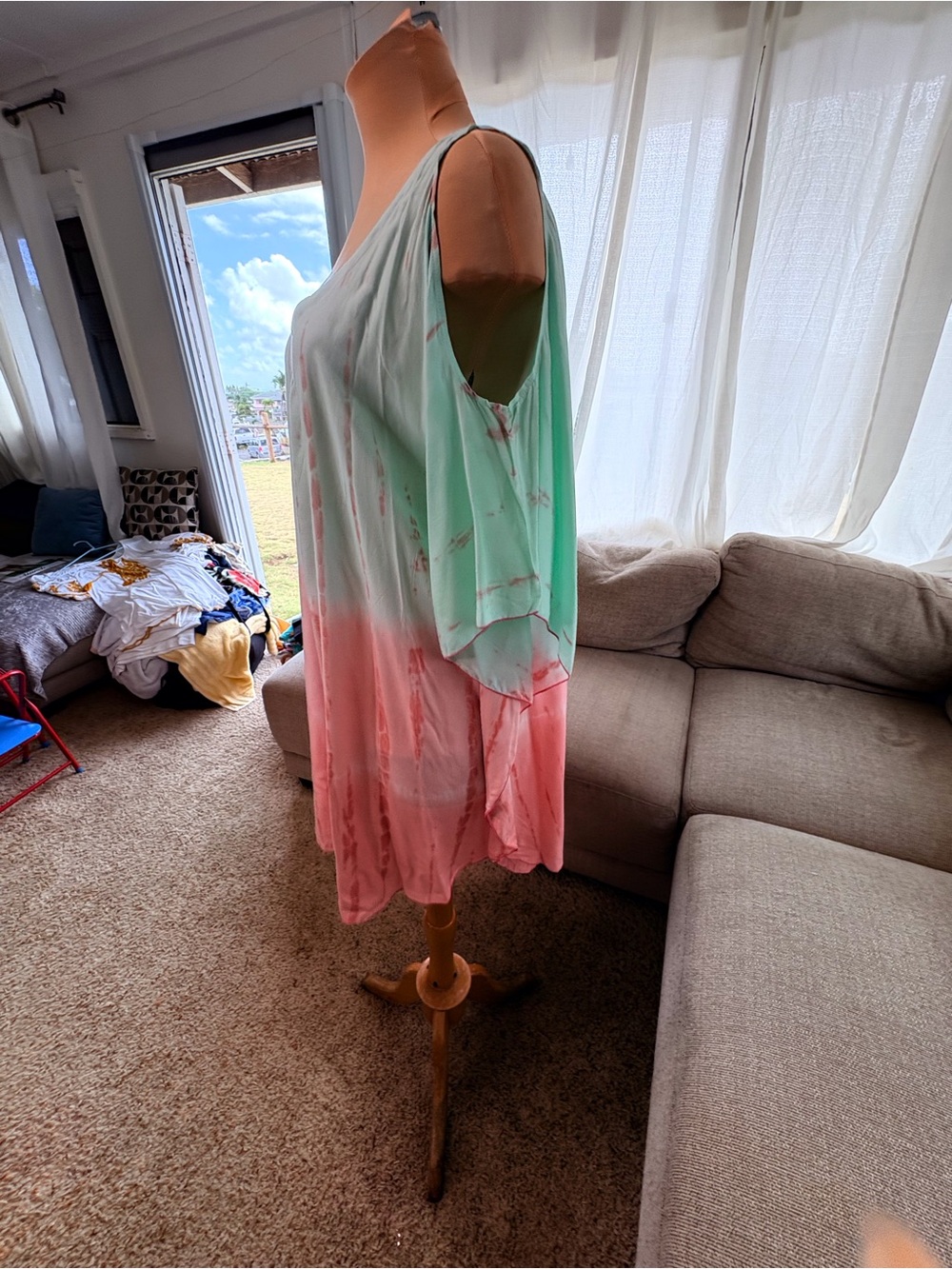 NaPua Collection Mint and Coral Tie-Dye V-Neck Top Cold shoulder dress top - Picture 6 of 7